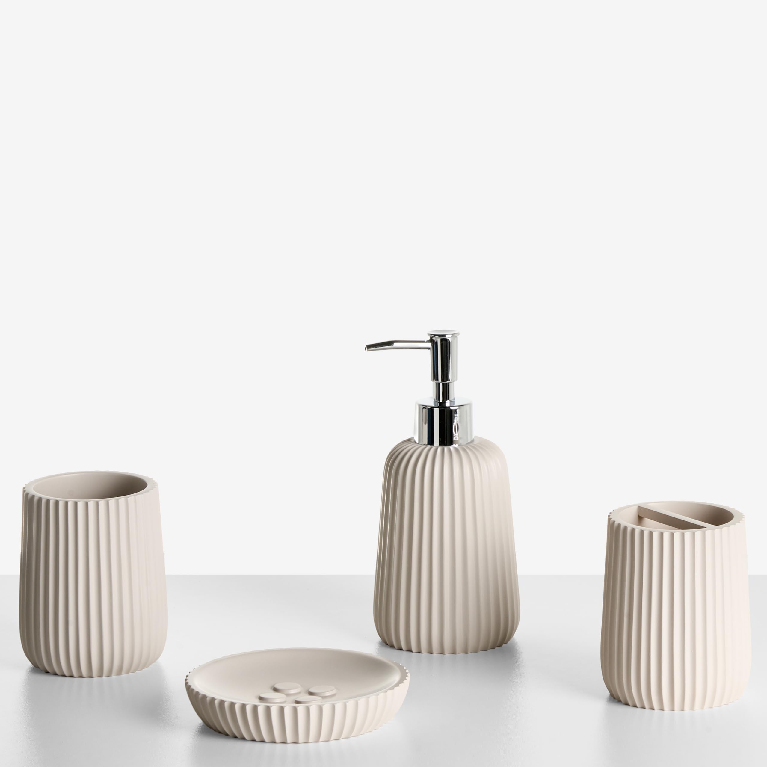 Conjunto de 5 Accesorios de baño jabonera dispensador de jabón escobilla de Inodoro Vaso Soporte para cepillos de Dientes Beige Pozuzo