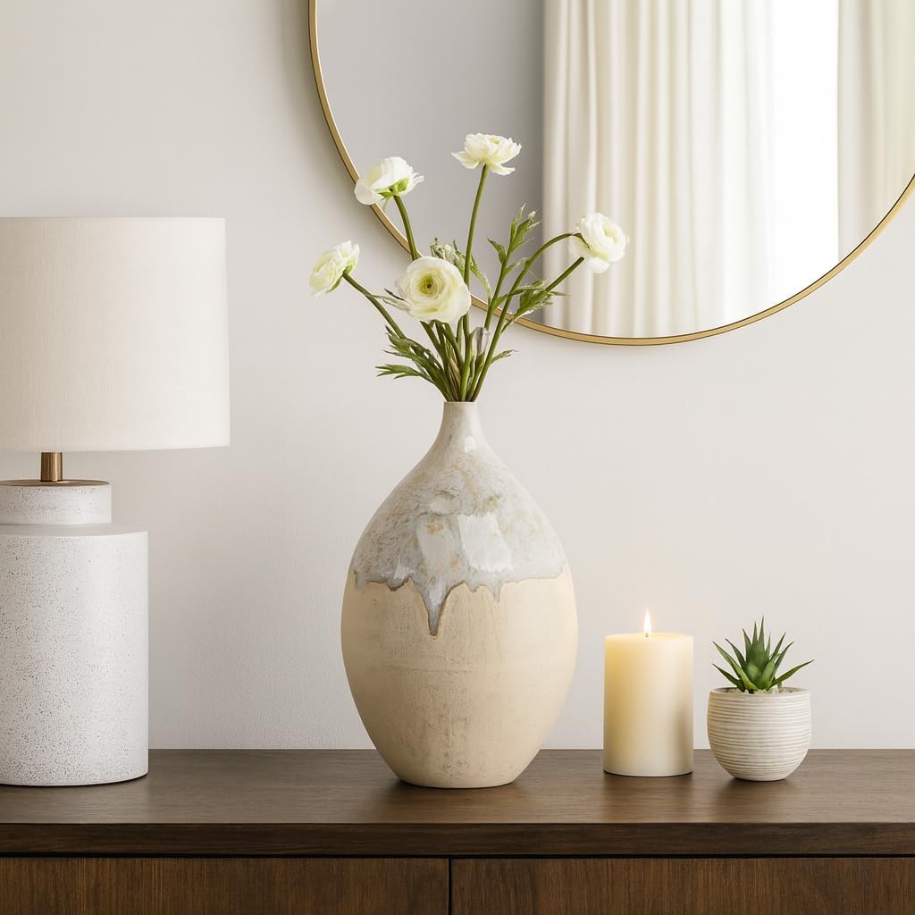 Decorative Finish Pottery Vase for Living Room Decor - Contemprary Flower Vase for Bedroom, Dining Room, and House Decor - Home Accent for Table Arrangement or Kitchen Styling - 18", Cream & Ivory