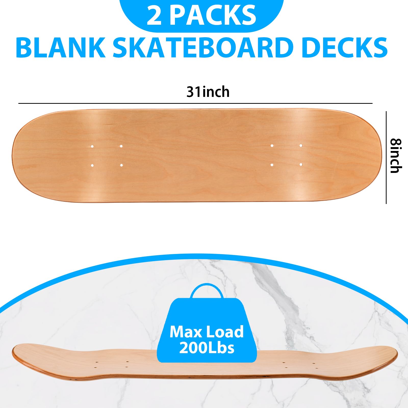 Lot de 2 planches de skateboard, 78,7 x 20,3 cm, 7 couches, en érable vierge, planche de skate double kick