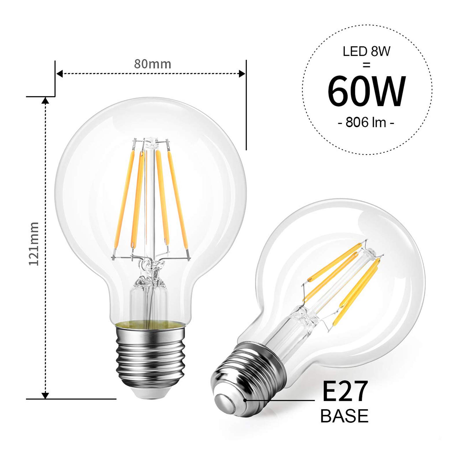 LED Boule de lumière Ampoule Edison Filament A60 Lampe 8W Équivalent 20-80W Clear Incandescent [Classe d'énergie A ++] 6pack