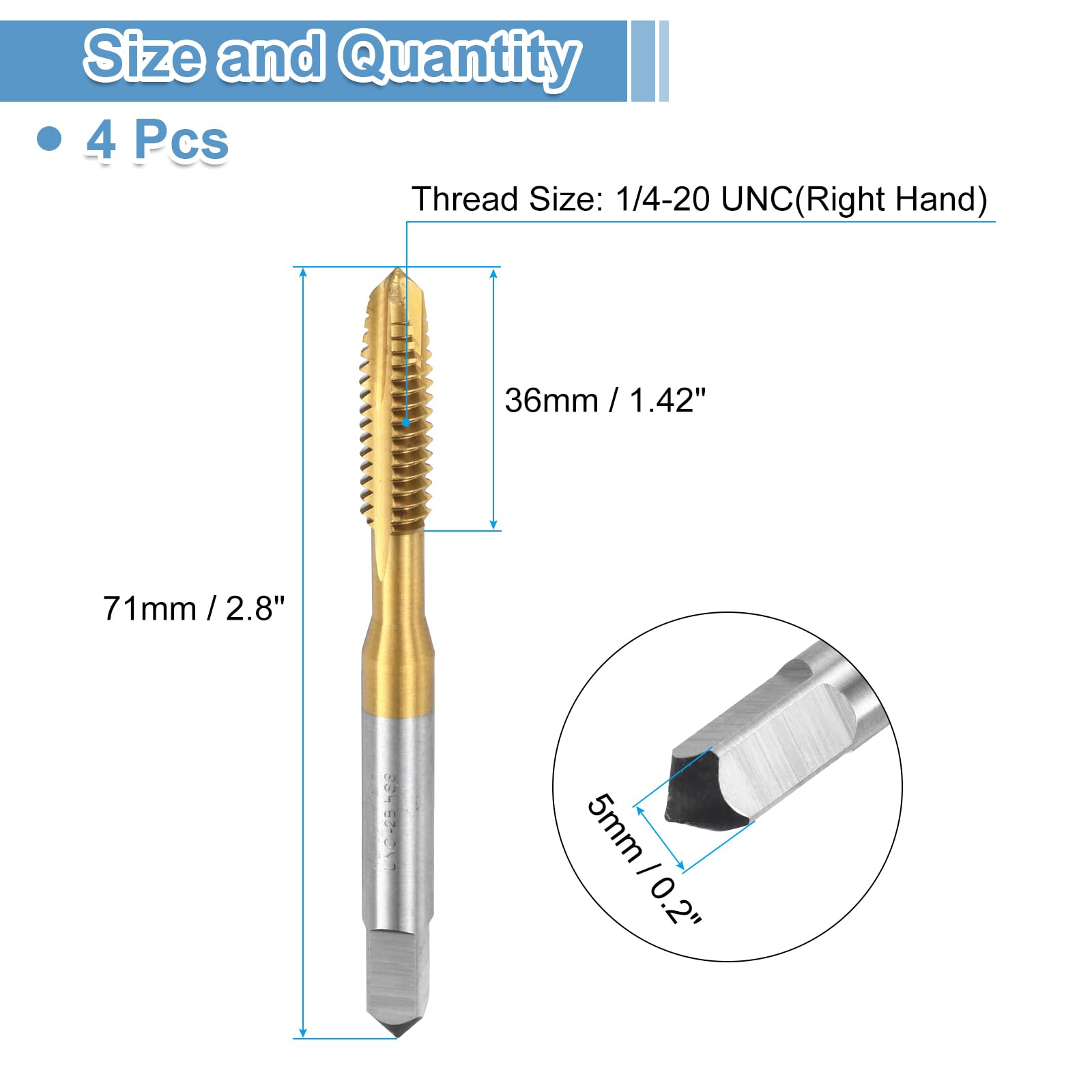 uxcell Spiral Point Plug Threading Tap 1/4-20 UNC Thread, Ground Threads H2, High Speed Steel 6542, Titanium Coated, Screw Taps Tapping Bit for Thread Repair, 4pcs