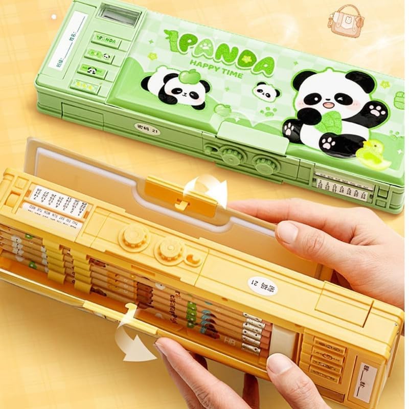 Image of New Cartoon Theme Pencil Box with Push Pull Eraser Set for Kids | Suitcase Style Password Lock Stationery Organizer | School Supplies Gift Combo for Boys & Girls (Panda Green Compass + Eraser)
