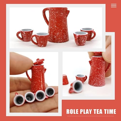 Miniatura 3 de Kisangel Juego de té en miniatura de 5 piezas: 1 hervidor y 4 tazas, accesorios de aleación para casa de muñecas para manualidades, juego de