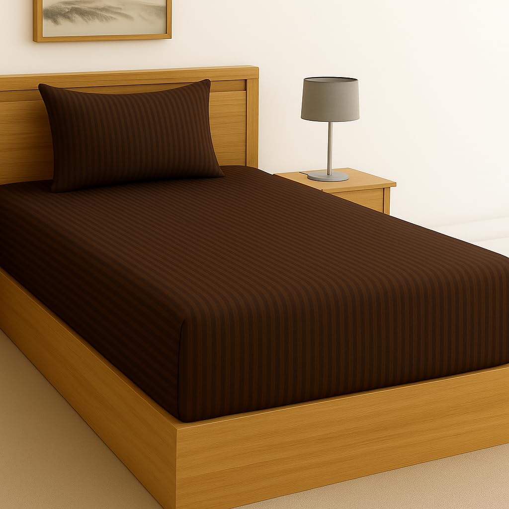 BSB HOME Premium 220 Cotton Feel Glace Self-Stripe Single Flat Bedsheet, Brown Coffee Pinstripe, Ultra-Soft Fabric, Wrinkle & Fade Resistant, 1 Single Bedsheet with One Pillow Cover-image-22