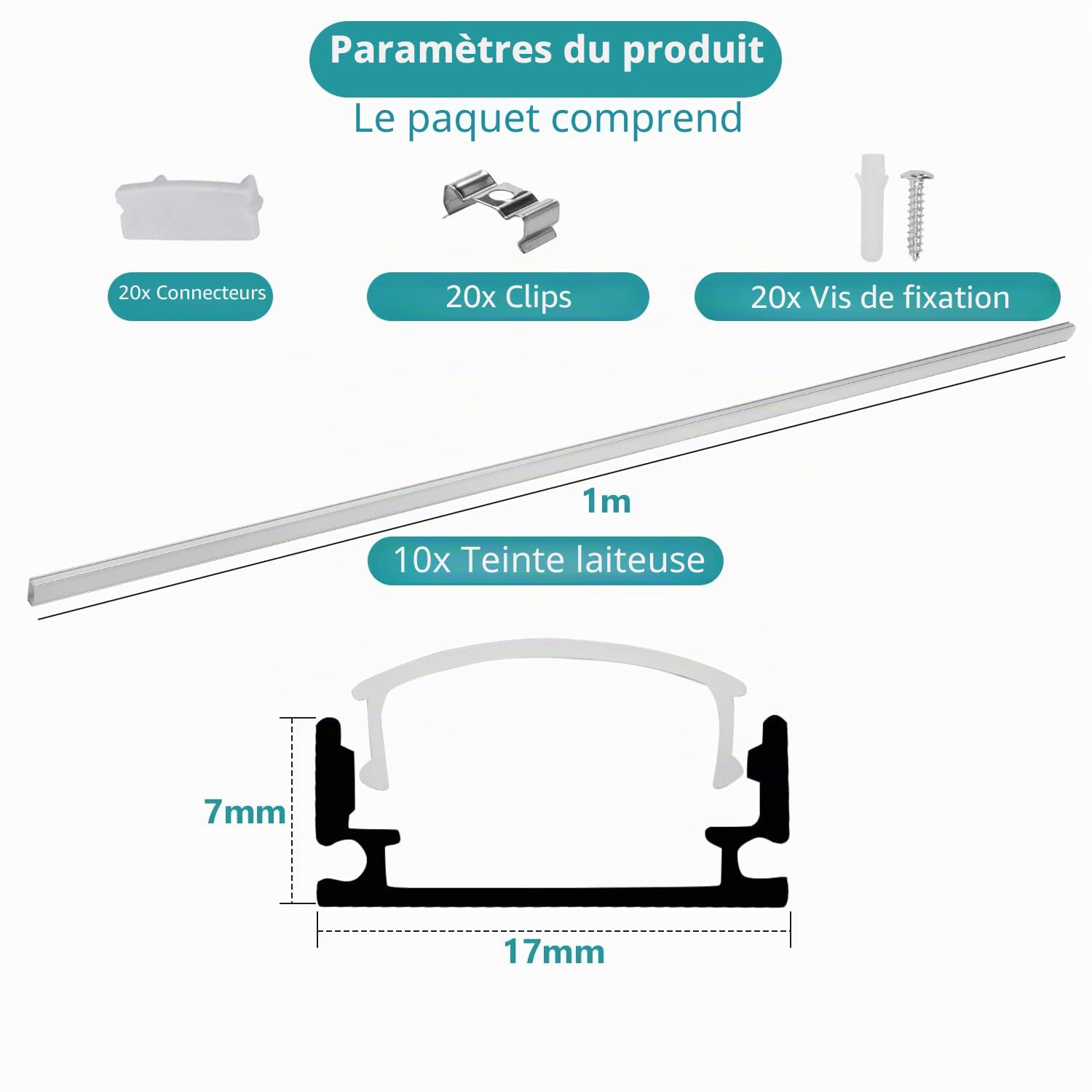Profil LED en Aluminium 40 X 1m en Forme U - Profil LED en Aluminium en Forme U avec Rail LED avec Embouts Laitiers et Clips de Montage - Canal LED pour Bandes LED (jusqu'à 12,5 mm de Largeur