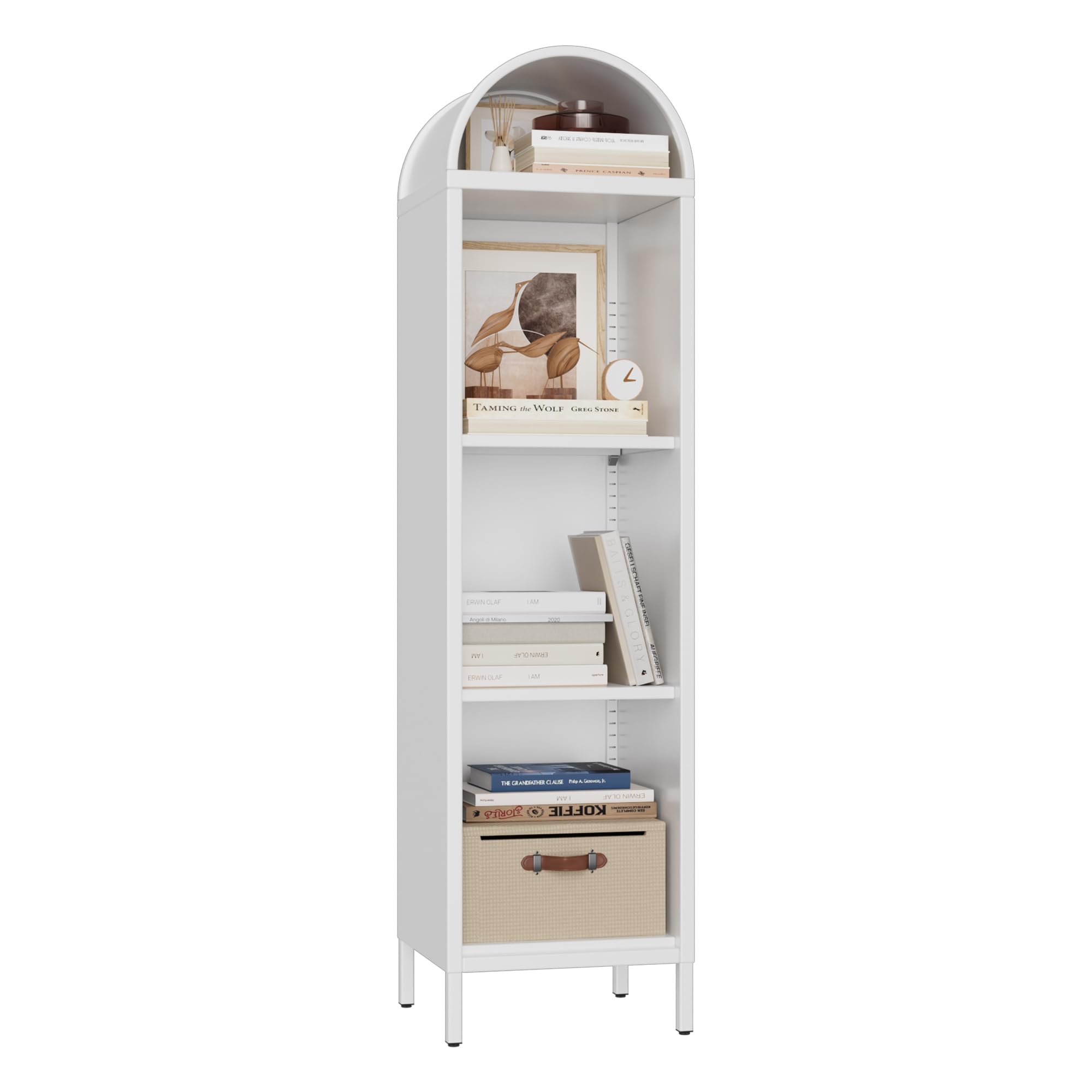 63" H Metal Arch Bookshelf with 2 Adjustable Shelves, Open Arched Display Cabinet,Kitchen Pantry for Dining Room, Living Room, Office, Bathroom, Assembly Required,White