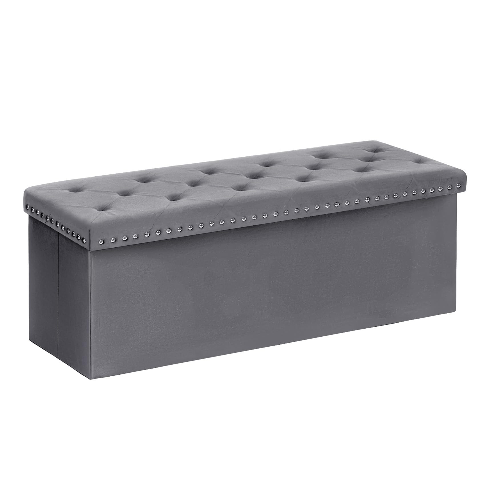 Bonlife Grey Velvet Ottoman Storage,Extra Large End of Bed Storage Box with Lids,Footstool Folding Ottoman Bench Window Seat with Rivet,110x40x40cm