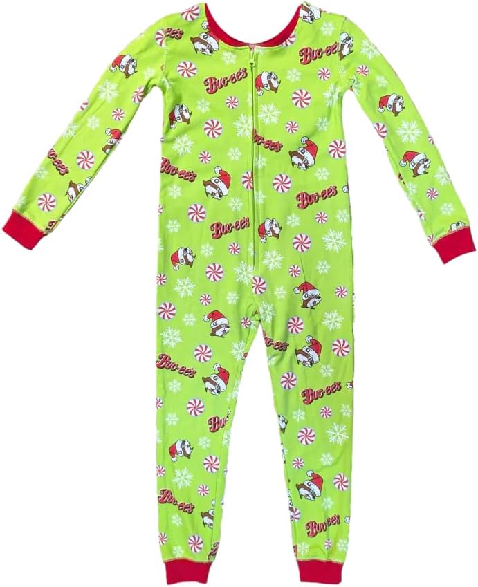 Buc-ee's 2025 Christmas Pajama Onesie, Green with Snowflakes and Peppermint Pattern, Red Trim