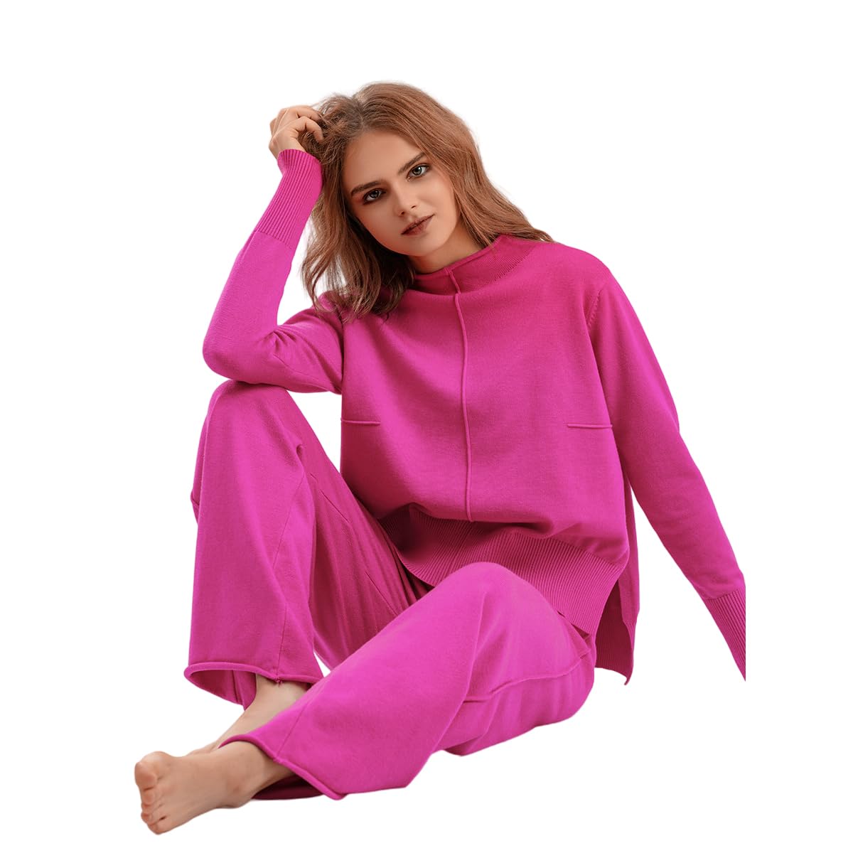 Damen 2-Teilige Outfits Pullover Set Gestrickte Outfits Stehkragen Pullover Hosen Sweatsuit Loungewear Passende Trainingsanzüge