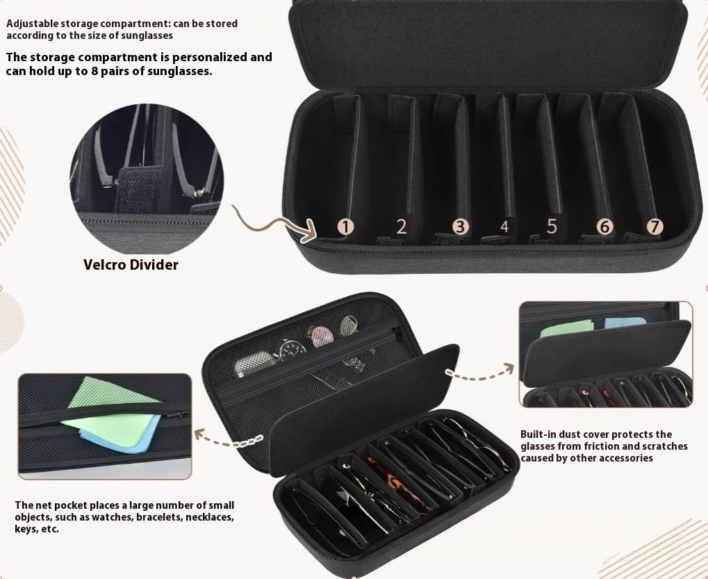 Étui de rangement à 2 couches pour lunettes de soleil avec fentes réglables, coque rigide avec séparateurs Velcro et poche en maille pour lunettes de soleil, bijoux, voyage