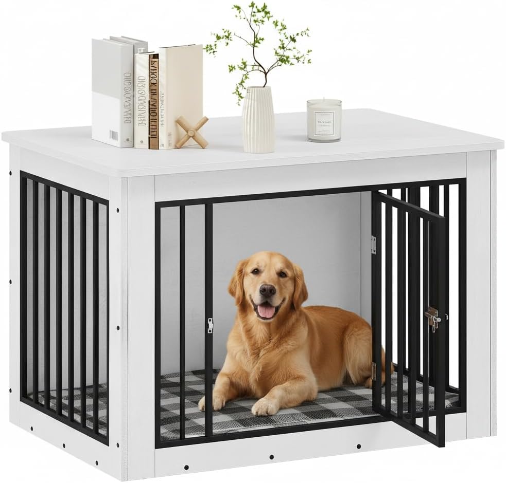 DWVO Dog Crate Furniture, 38 Inch Dog Kennel Indoor Furniture End Table for Dogs, Farmhouse Decorative Wooden Cage, Chew-Resistant, White