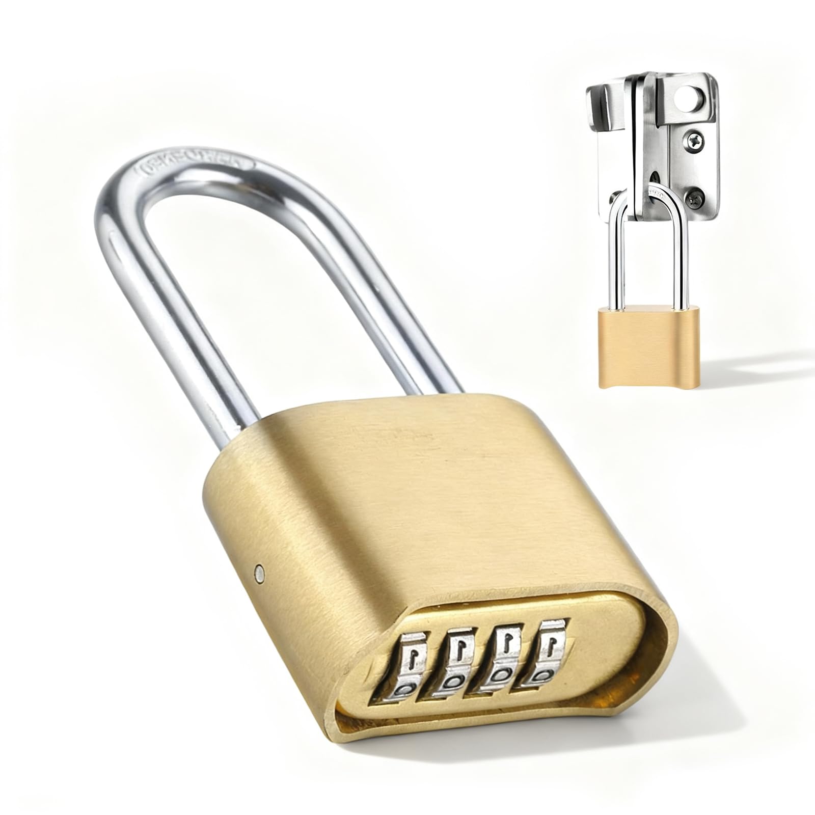 Mhymx Gold Long Shackle Padlock, Combination Padlock Padlocks With 4 Digit Code 8Mm Diameter Shackle Gym Locker Padlocks Weatherproof Security Lock For Gate Suitcases And Warehouse