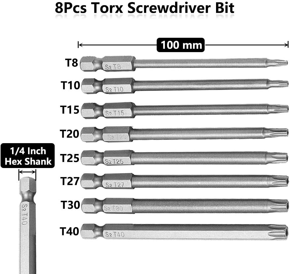 Saiper 8pcs 1/4 Inch Hex Shank Torx Screw Driver Bit Magnetic Security Head Star S2 Steel Screwdriver Set Bits T8-T40, 100mm/3.93 Inch Long