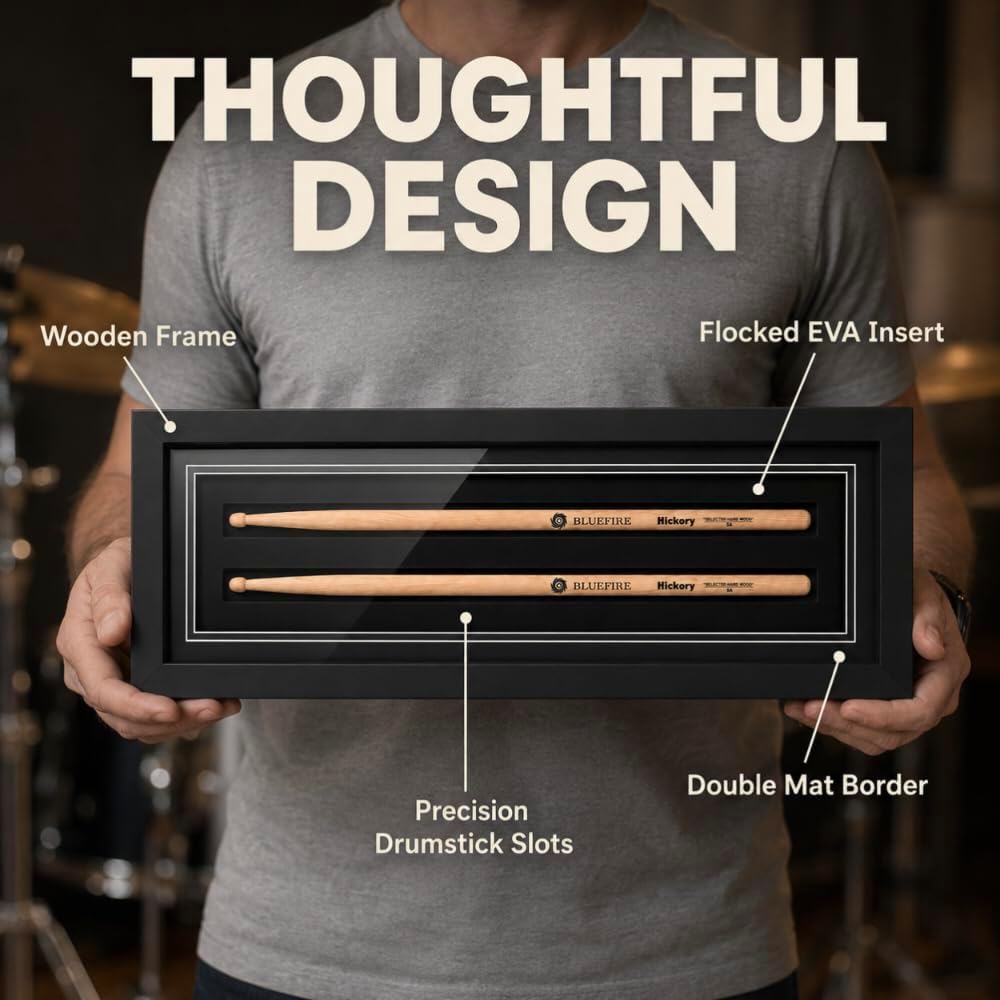 Drumstick Display Frame for Standard 5A Drumsticks, Solid Wood Drum Stick Display Case with Black Flocked EVA Insert, Wall Mount or Tabletop Display, 20.87" x 6.69"