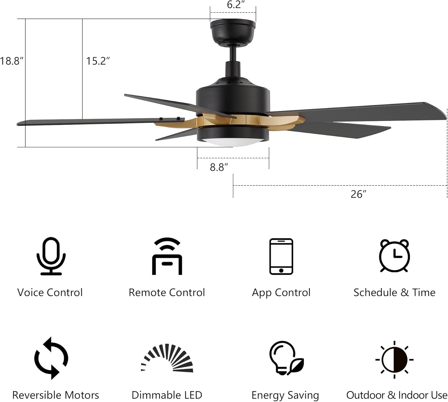 SMAAIR Smart Ceiling Fan with Light 52", 10 Speed Remote/APP Control, Modern Dimmable LED Light, Reversible DC Motor, 5 Plywood Blades, Compatible with Alexa/Google Assistant/Siri, Black/Gold