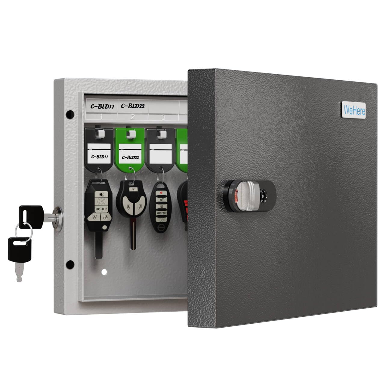 WeHere Key Lock Box Wall Mount(16 Keys), Key Cabinet with Combination Lock & 16 Key Tags, Key Safe Storage Lockbox,Key Manage Mini ERP Great for Valets, Hotels and House, APP Password Record