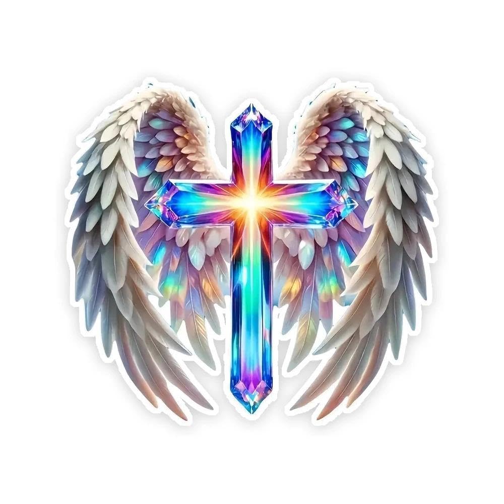 Iridescent Angel Wings Cross Vinyl Decal Sticker for Car Window Bumper Laptop