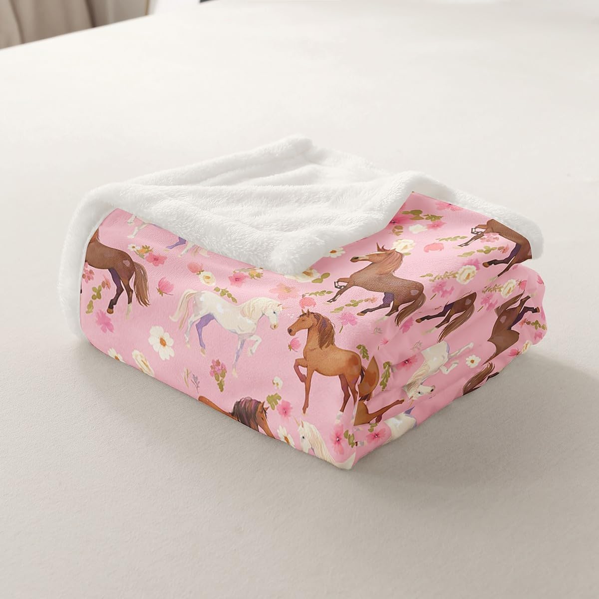 Erosebridal Pink Horse Blanket Twin 60x80,Galloping Horse Throw Blanket for Kids Teens Adults,Groovy Flower Floral Fleece Blanket,Western Rustic Farmhouse Animal Plush Blanket for Home Room Decor