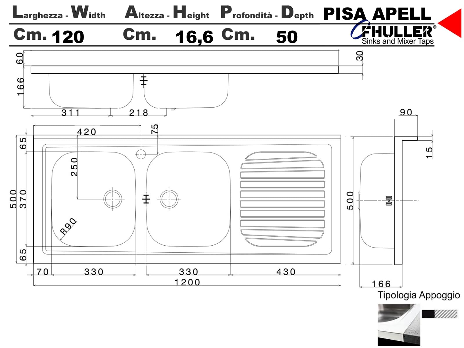 Lavello cucina appoggio Apell mod.Pisa acciaio Inox,cm.120x50, 2 vasche a destra
