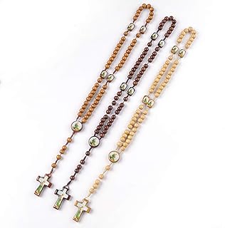 12 Pcs Mixed Wood Beads Rosary Crucifix Necklace San Judas & Our Lady of Guadalupe Recuerdos de Bautizo Communion Religious Gifts (San Judas)