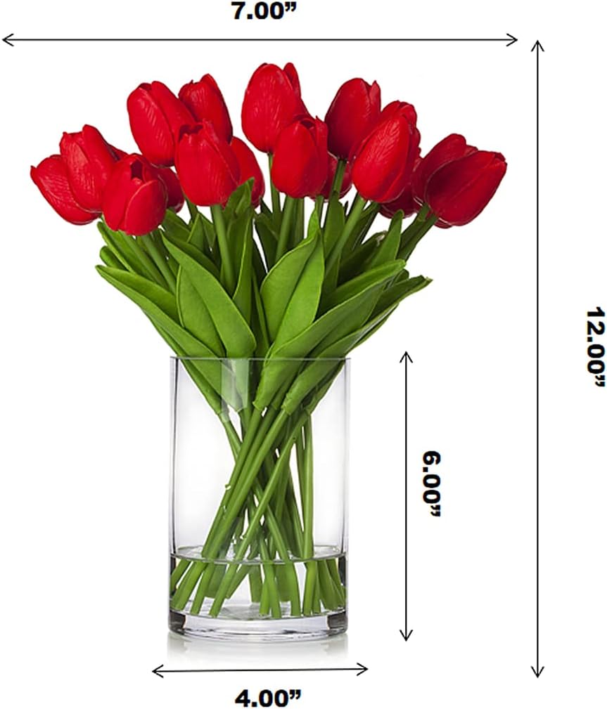 ENOVA FLORAL 20 Pieces Real Touch Artificial Tulips Flowers in Vase, Fake Red Tulips with Vase and Faux Water for Home Wedding Decoration, Dining Table (Red) - Image 5