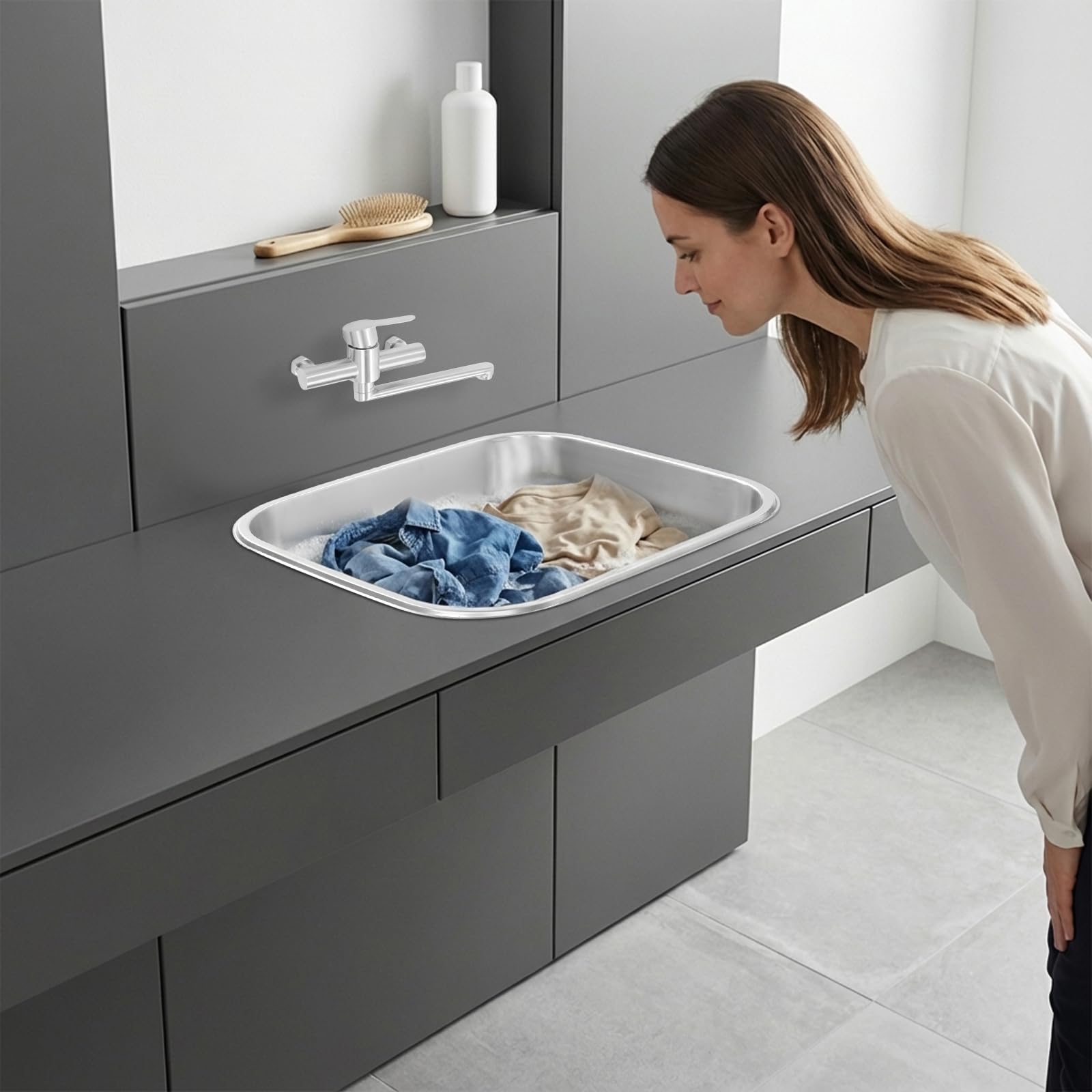 Lavello da cucina in acciaio inox con rubinetto, lavello con mensola, grande lavello da cucina da 30 l, lavello da incasso per lavanderia, balcone, cucina
