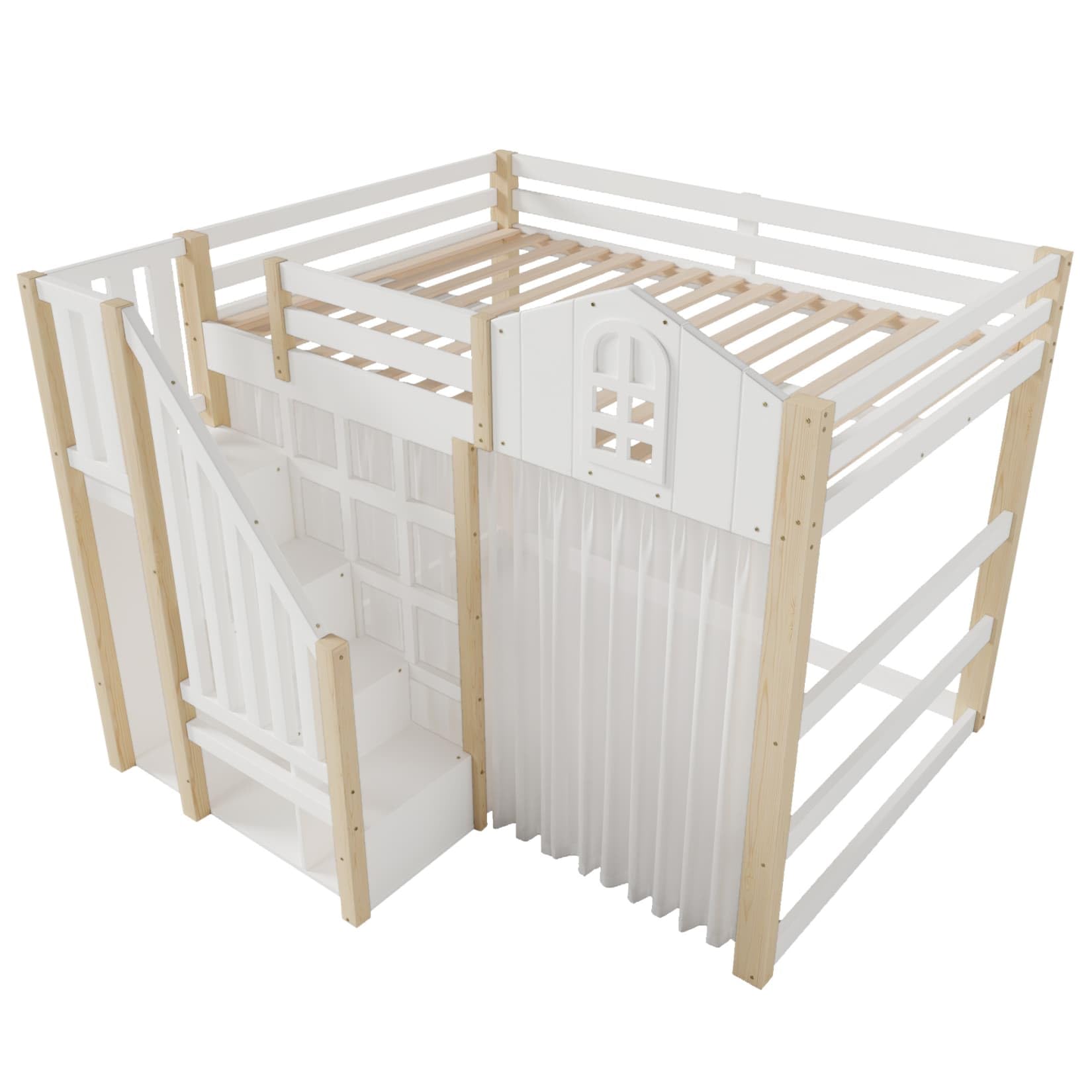 Lit Mezzanine 2 Places 140x200cm,Lit Cabane Enfant avec éclairage LED Réglable,Échelle de Rangement,Rideau en Gaze,Haute Barrière de Type Cabine,pour Enfants Adolescents (Blanc, 140x200)