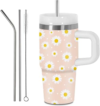 Hiboss Daisy Gifts for Girls Women, Cute Daisys Tumbler with Handle for Kids 14oz, Daisy Lovers Gifts for Girl, Insulated Stainless Steel Daisies Flower Cups, Floral Birthday Gift for Daughter