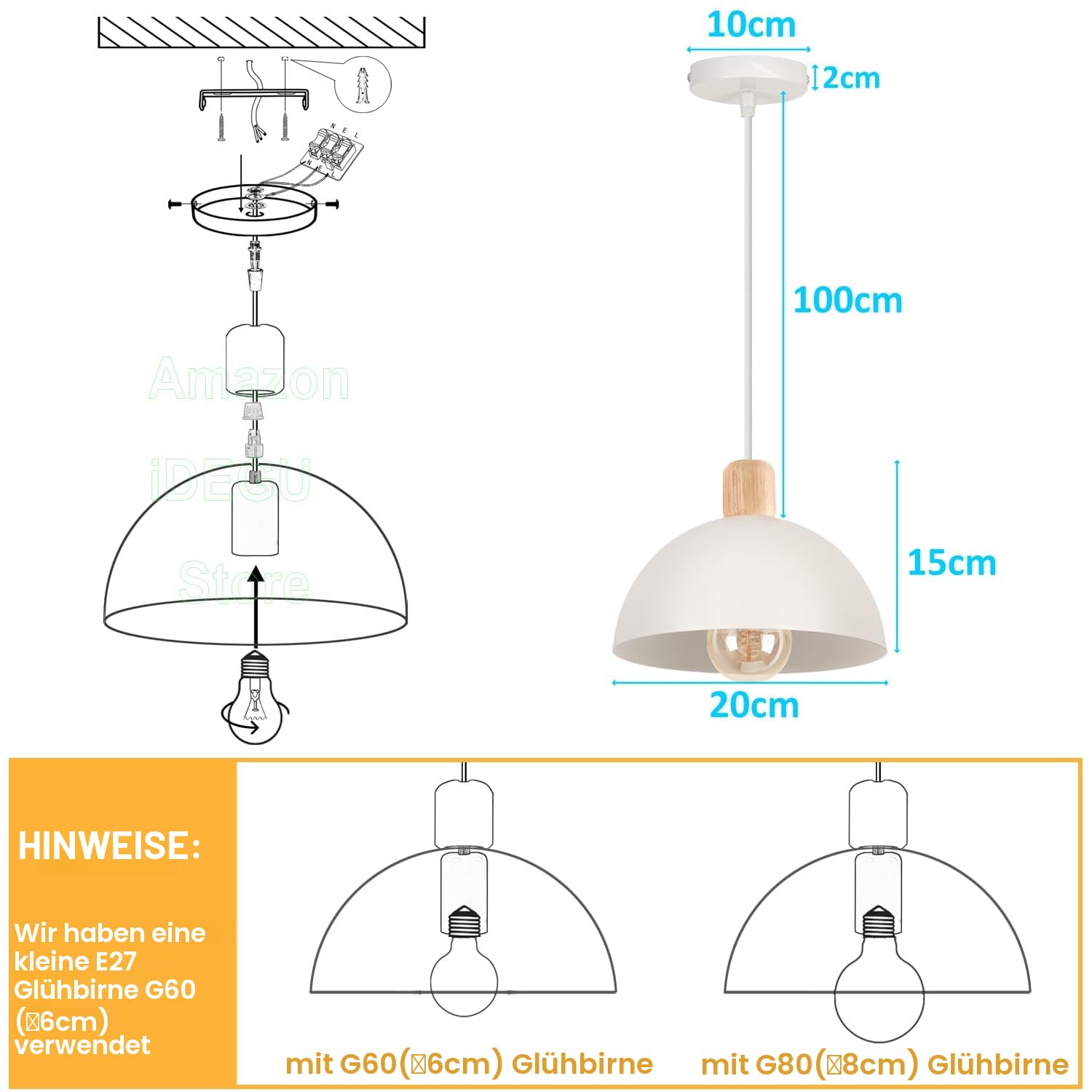 iDEGU Ø20cm Hängelampe Retro E27 LED Hängeleuchte Moderne Skandinavisch Deckenleuchte aus Metall Holz Pendelleuchte für Schlafzimmer Esszimmer Küche Restaurant (Weiß, 1 Stück)