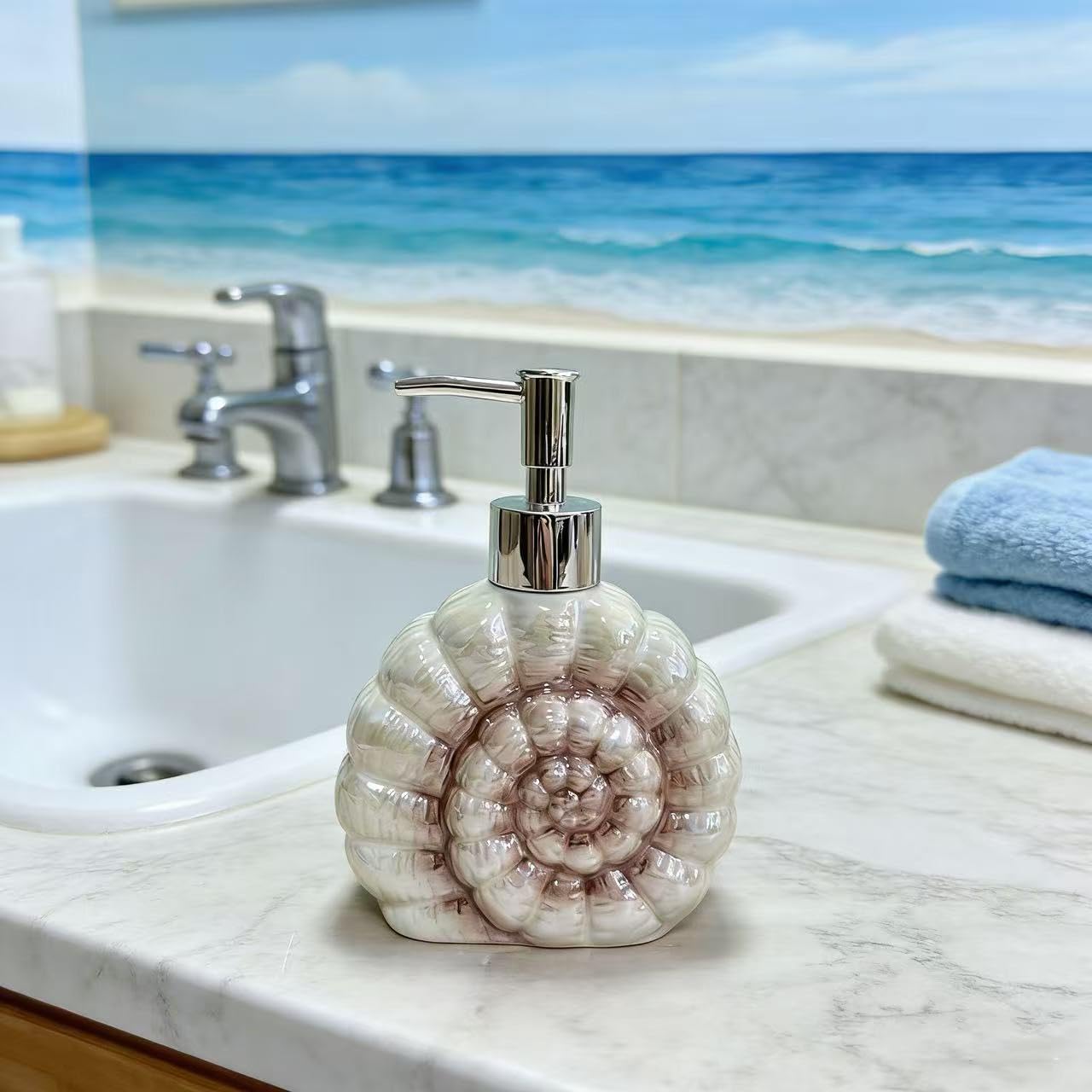 Ceramic Ocean Badezimmer-Zubehör-Set, 4-teiliges 3D-Conch-Muschel-Badezimmer-Ensemble-Set mit Zahnbürstenhalter, Zahnputzbecher, Seifenspender, Seifenschale (gelb matt)