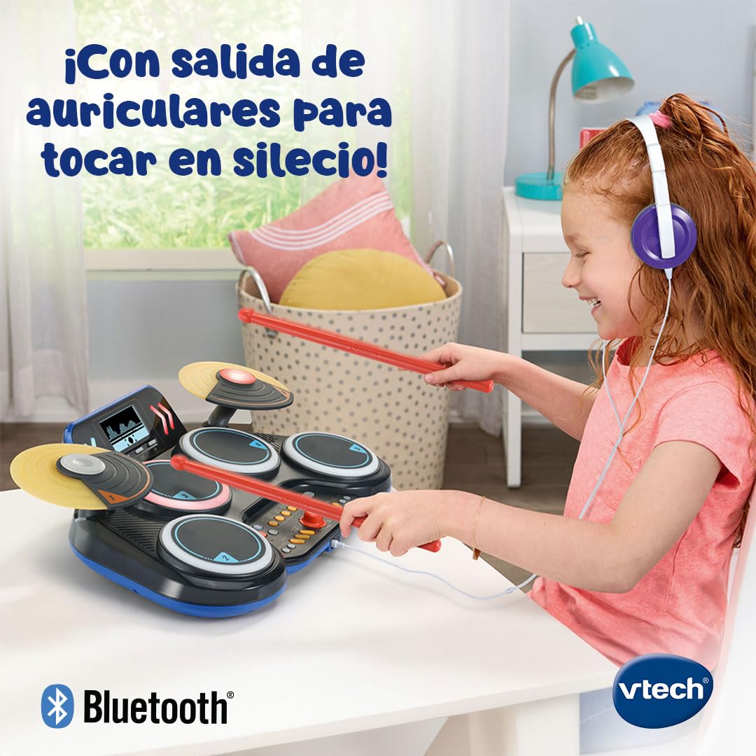 VTech - Kidi DJ Drums, 10 w 1 elektroniczny zestaw perkusyjny dla dzieci z podświetlanymi podkładkami, spodkami, pałeczkami, Bluetooth, nauką i grami, prezent dla dzieci +6 lat, wersja hiszpańska