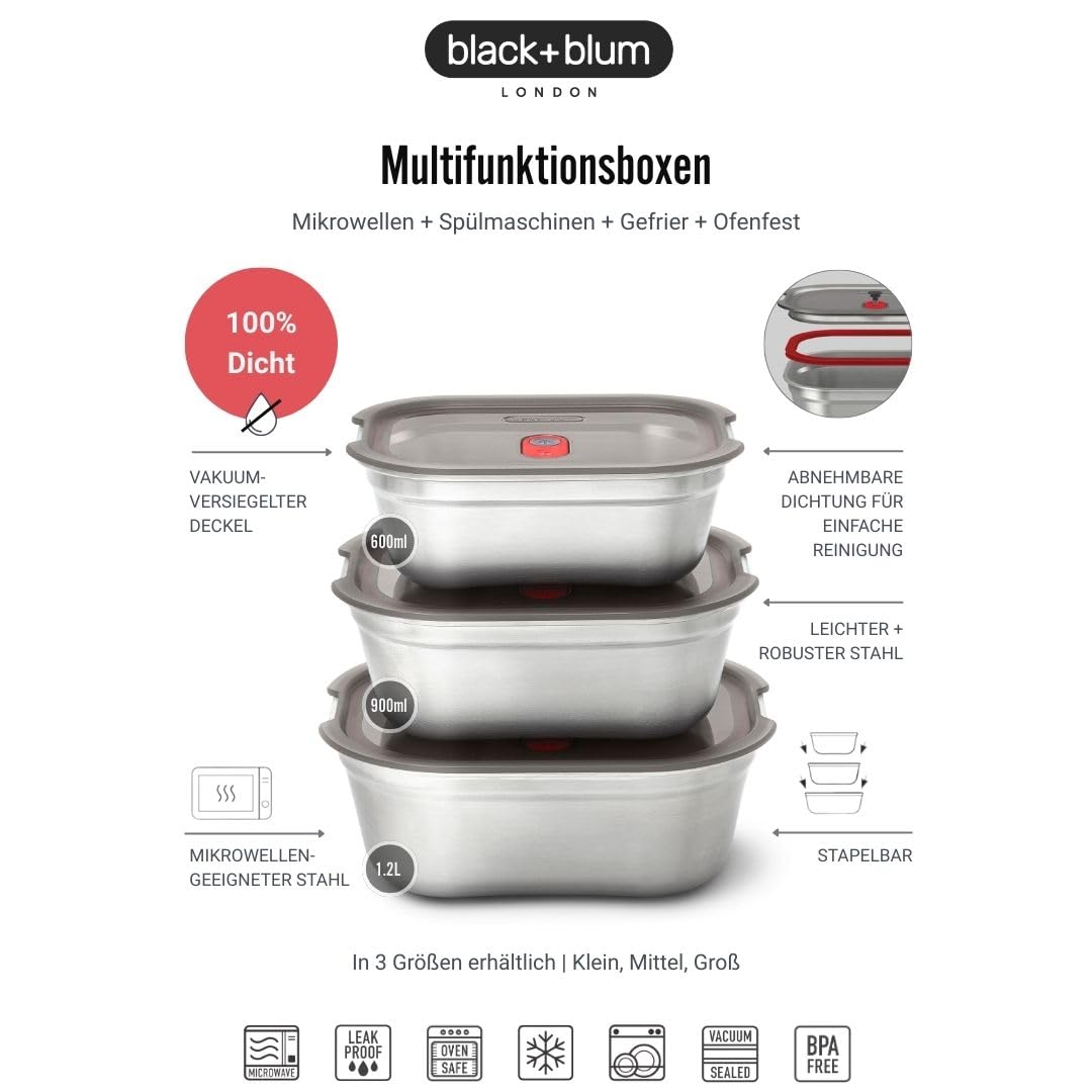 BLACK + BLUM Lunchbox-Set 3-tlg., 600/900/1200 ml, Vakuumverschluss | auslaufsicher, BPA-frei, mikrowellengeeignet, backofenfest, gefriergeeignet, eckig, robust, langlebig, praktisch