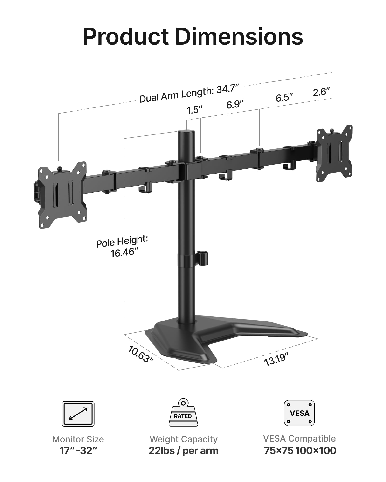 monTEK Monitor Halterung 2 Monitore für 17-32 Zoll Bildschirm, Robuster Schreibtischständer mit 10 kg Tragkraft pro Arm mit Freistehender Sockel, VESA 75/100mm