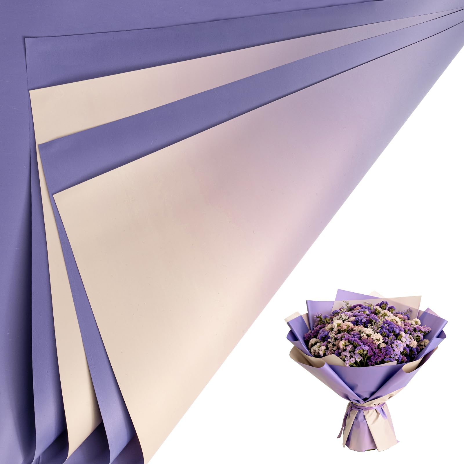 LeZakaa Purple Flower Wrapping Paper, 20 Sheets Waterproof Reversible Gradient Floral Wrap for Bouquets, Valentines Day, Mothers Day, Wedding, Anniversary, Birthday, 22.8 x 19.7 in