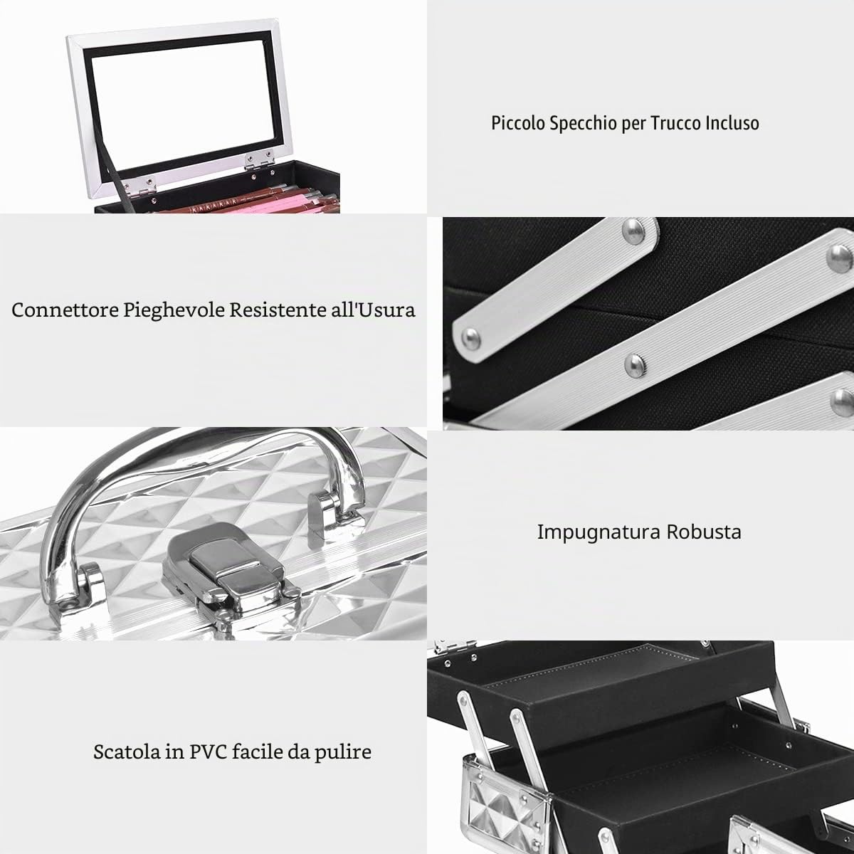 LIFEZEAL Valigetta Rigida Professionale per Trucchi a 3 Livelli, Porta Cosmetici, Trousse, Scatola, Beauty Case, Organizer Makeup, con Specchio, Manico e Chiusura, 23x15x18 cm, Argentato