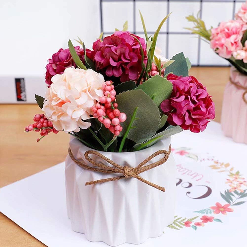 FABSELLER Artificial Flowers Artificial Hydrangea Flowers in Ceramic Vase Mini Potted Plant for Wedding Home Party Office Table, White
