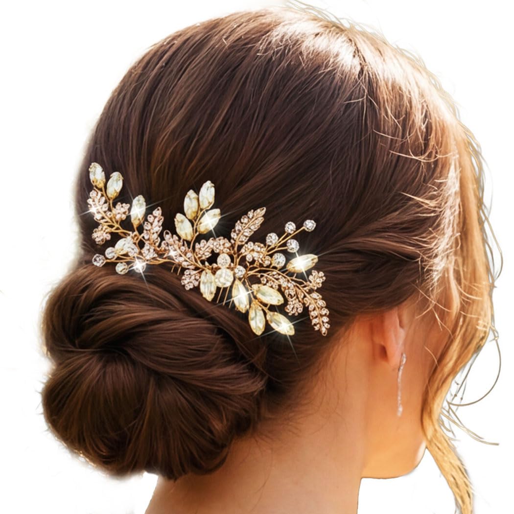 JEAIRTS Rhinestone Hair Comb Gold Wedding Headpiece Leaf Bridal Hair Accessories for Women