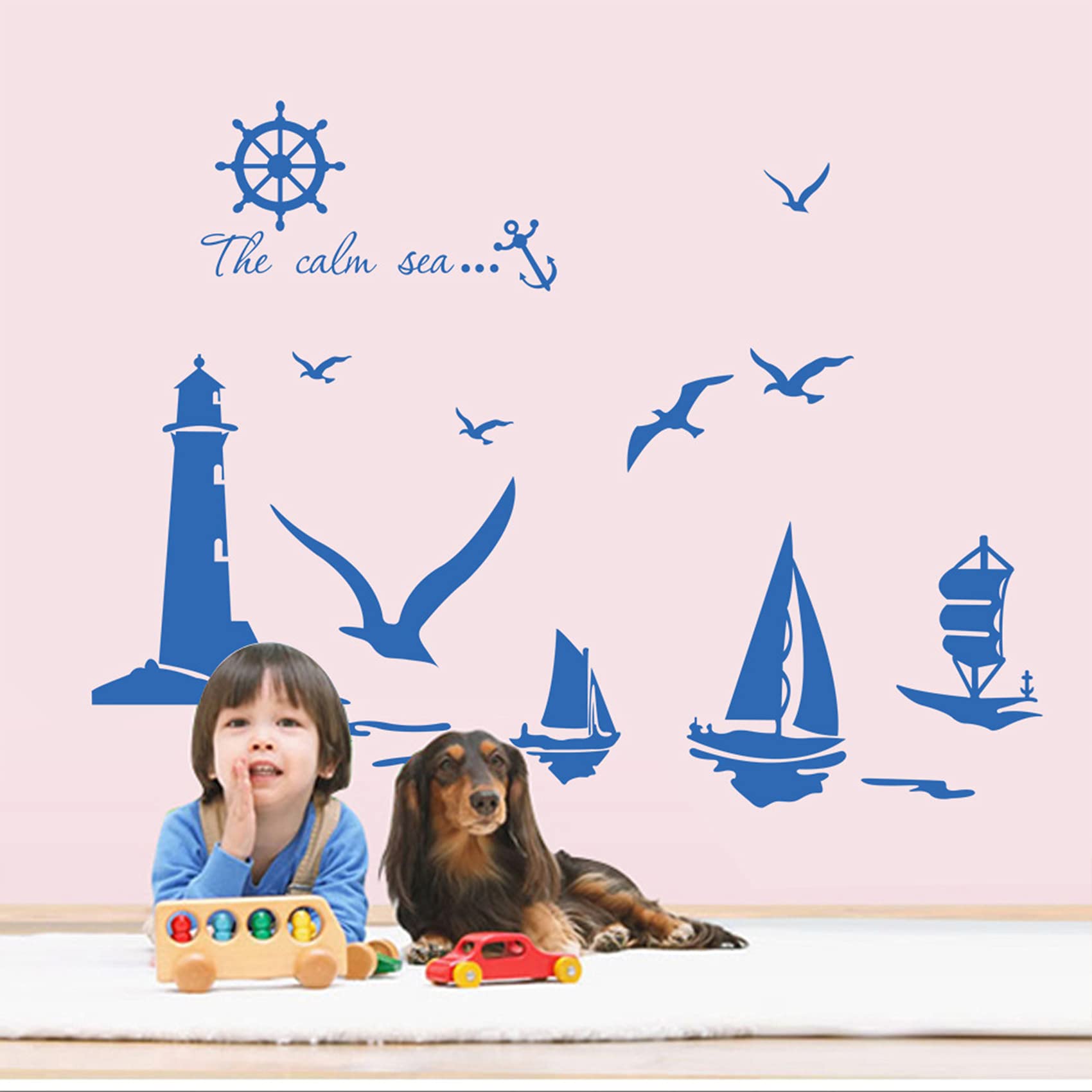Adesivo Murale Faro E Barca A Vela - Decorazione Nautica Per Camerette Bambini E Soggiorno - Foto 11