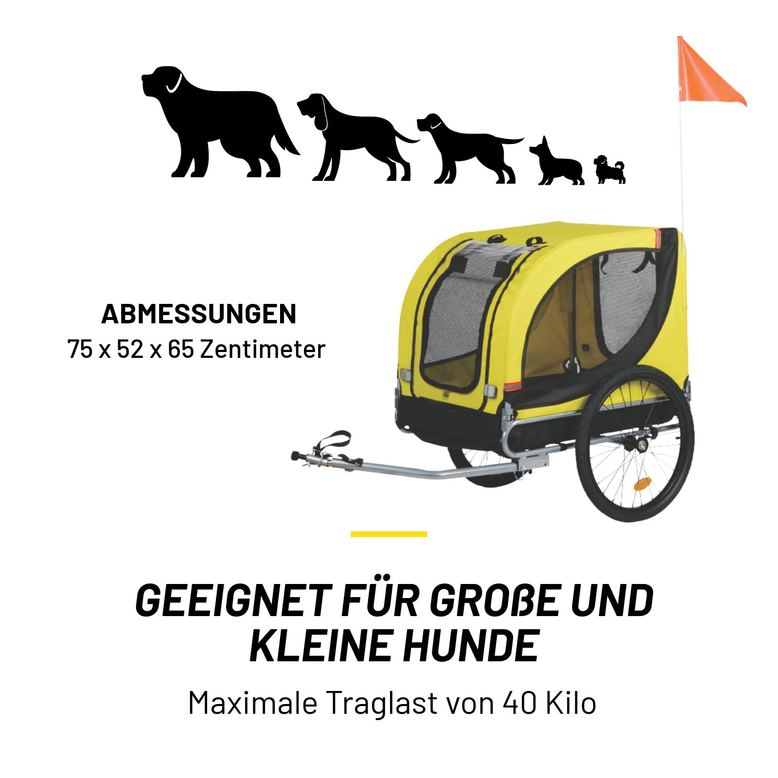 Dunlop Hundewagen - Hundebuggy max. 40KG - Hundeanhänger Zusammenklappbar - Hunde Fahrradanhänger mit Regenschutz und Abnehmbare Luftreifen - Einfache Montage - Gelb