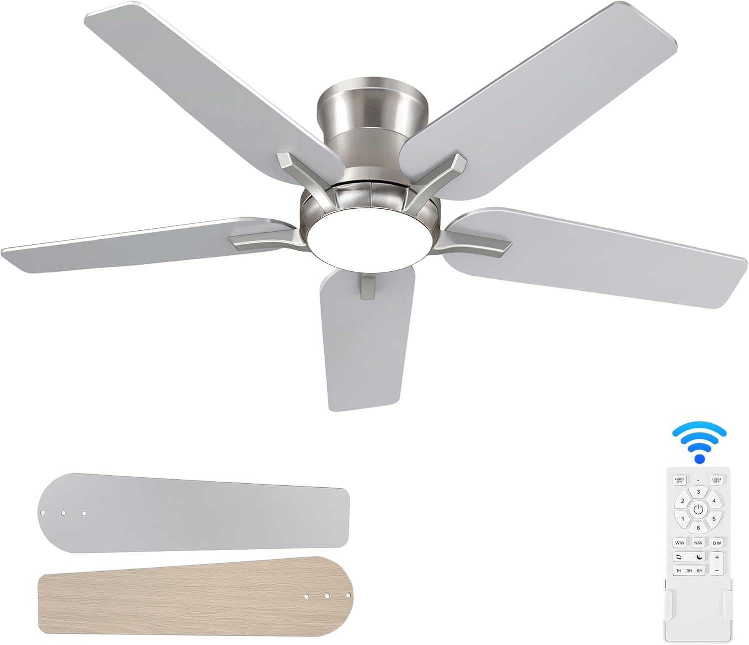 42 Inch Ceiling Fans with Lights and Remote, Brushed Nickel Flush Mount Low Profile Ceiling Fan for Bedroom, Living Room, Patio, Dimmable 6 Speeds Noiseless Reversible, ETL Listed Brushed Nickel 42 Inch