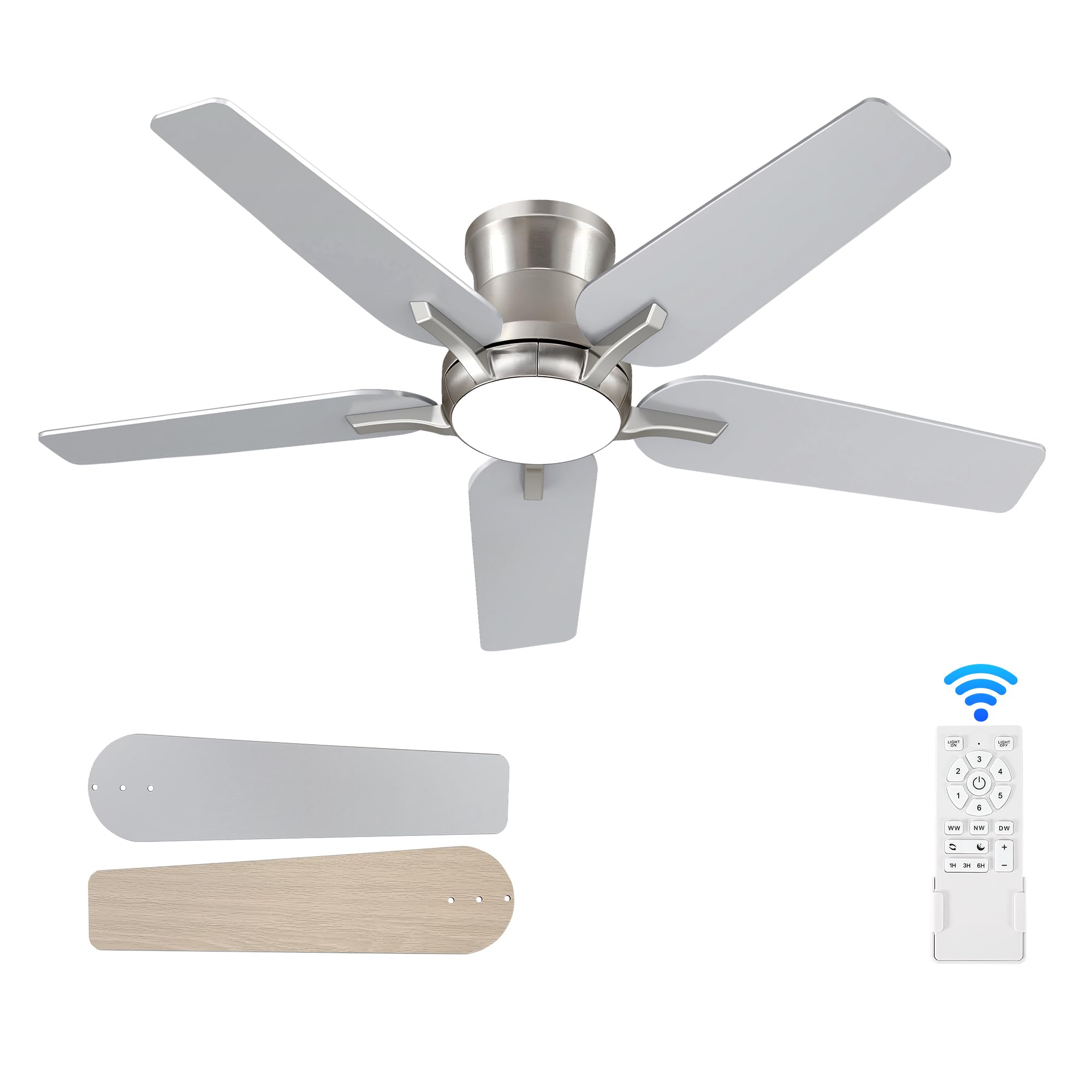 POCHFAN 42 Inch Ceiling Fans with Lights and Remote, Brushed Nickel Flush Mount Low Profile Ceiling Fan for Bedroom, Living Room, Patio, Dimmable 6 Speeds Noiseless Reversible, ETL Listed