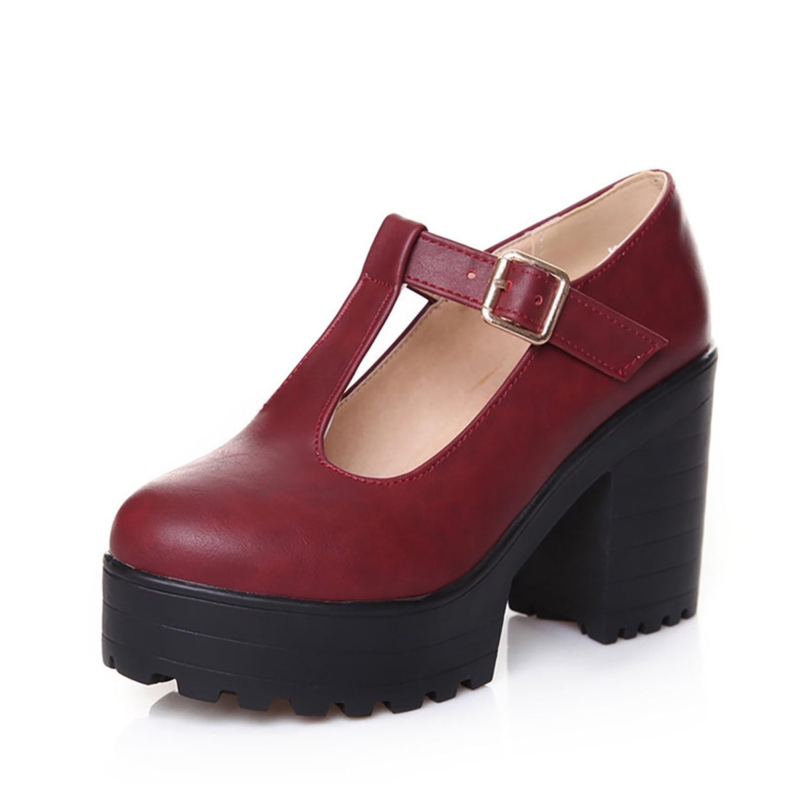 Pumps Damen Elegant Plateau Schuhe Chunky Leder Mary Jane Schuhe Bequeme