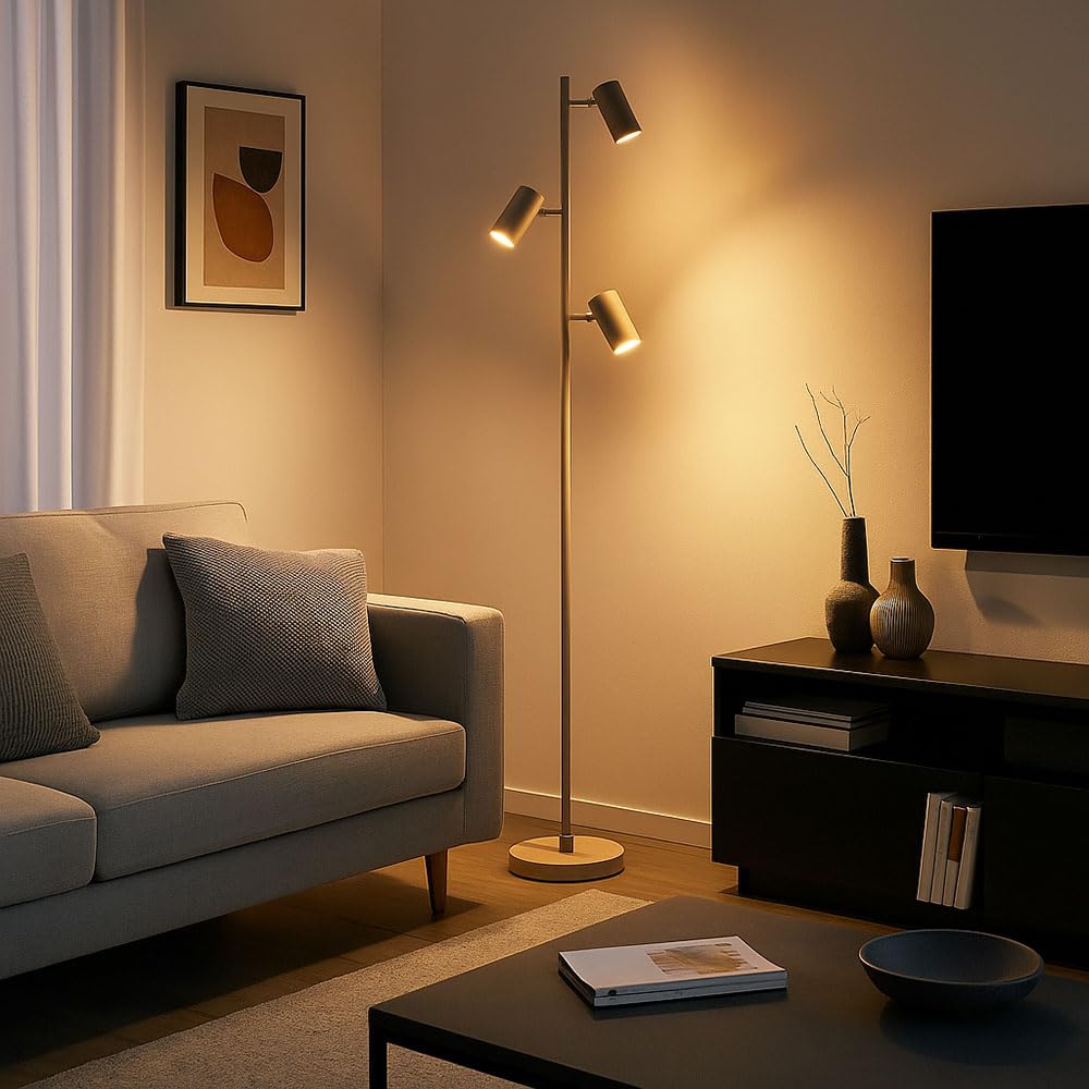 Stehlampe Standleuchte 3 Leuchten schwenkbare Stehlampe Stehleuchte Wohnzimmer sandfarben weiß 3 Flammig, Metall, 3x GU10, DxH 23x154 cm