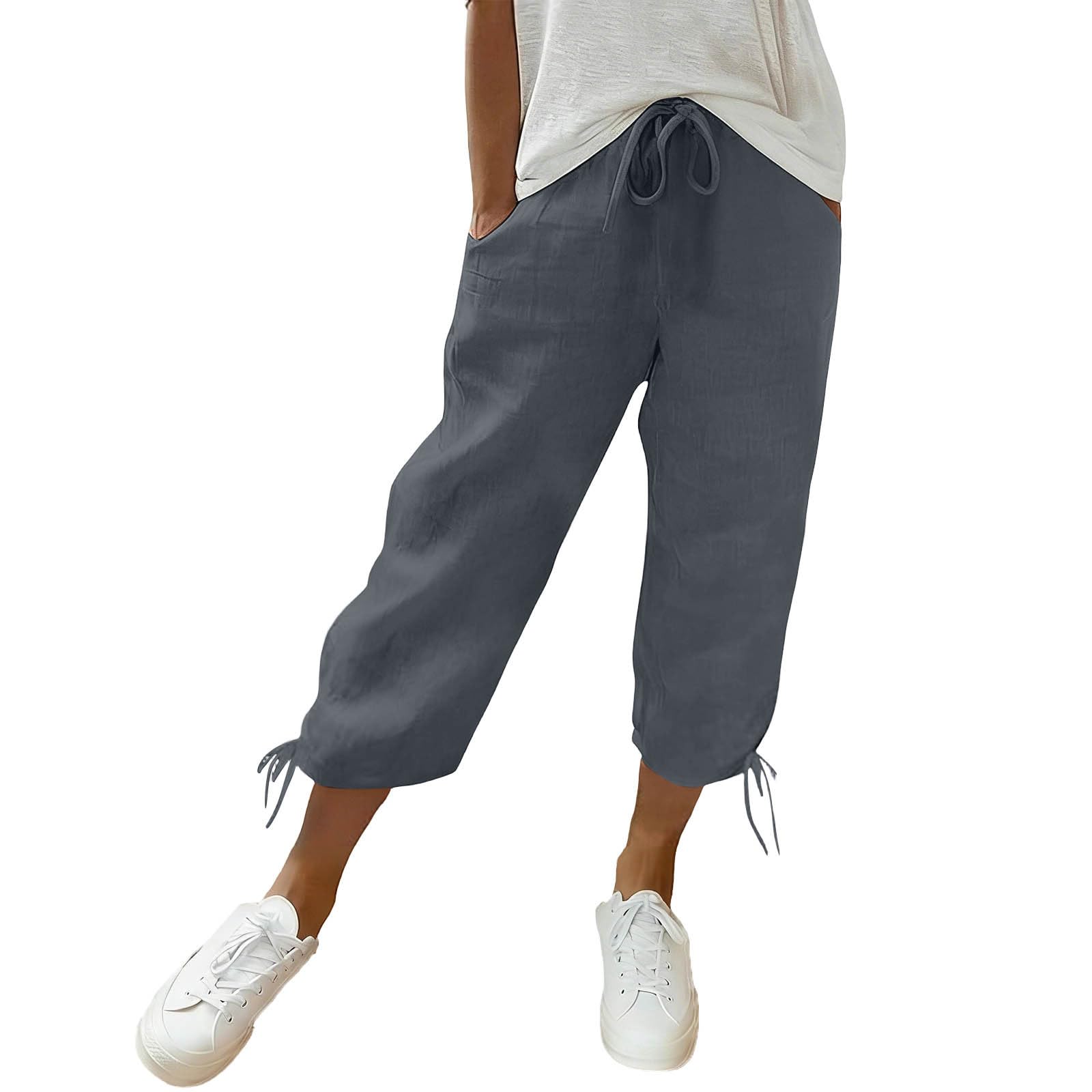 Women's Cotton Linen Capri Pants Elastic Waist Drawstring Casual Loose Summer Lightweight Cropped Trousers Comfy