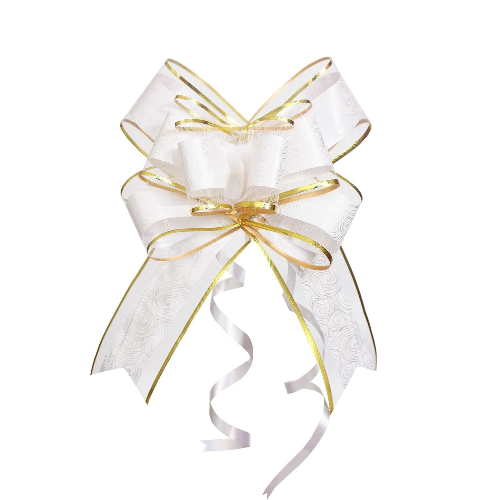 THE WHITE SHOP 10 PCS Pull Bows, 6" Giant Glitter Pull Bow with Tulle And Gold line, Giant for Present Bouquet Floral Arrangements Birthday Wedding Decoration
