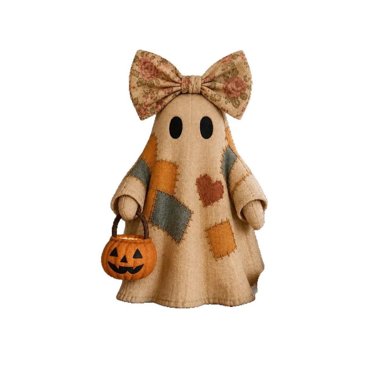 Lighted Vintage Patchwork Ghost Light Up Ghost with Pumpkin (With Light)