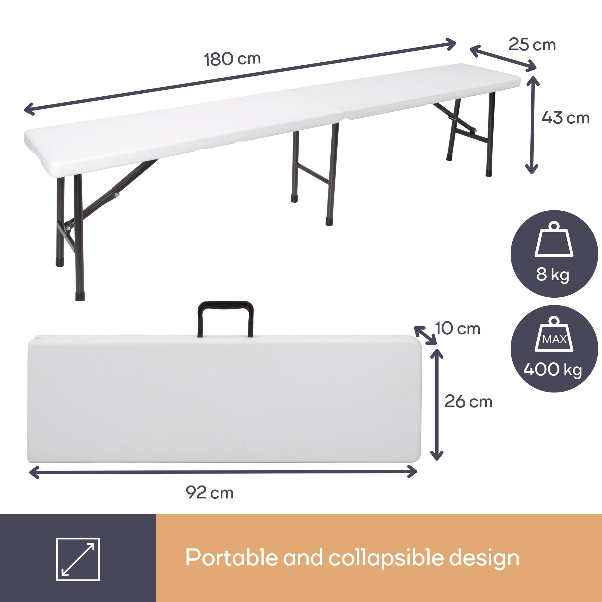 Perel Panca pieghevole con maniglia, panca da esterno resistente alle intemperie per giardino, terrazza, balcone, campeggio, picnic, barbecue o festa, portatile fino a 400 kg, bianca