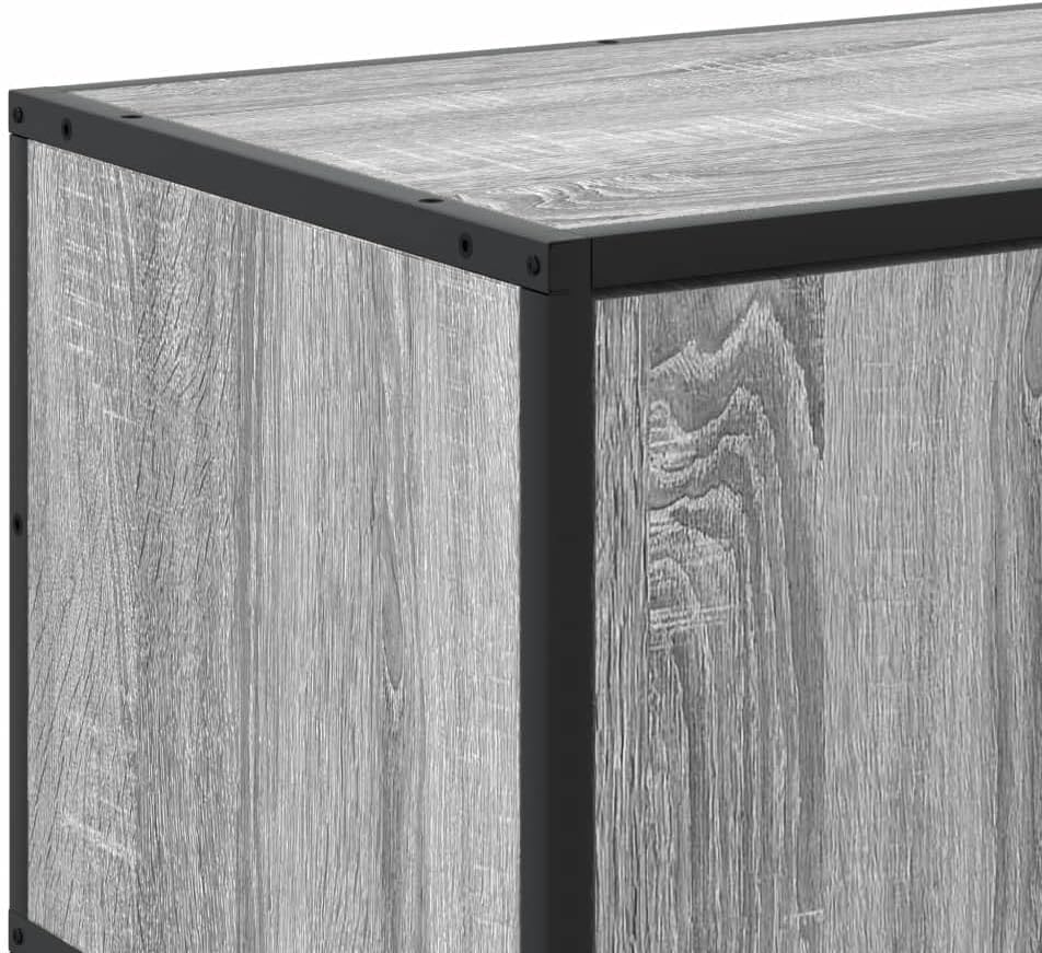 Close-up view of the corner joint of the Sonoma 848837 TV cabinet, showing the connection between the engineered wood panel and the metal frame.