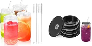 Joyclub Bundle of 4pcs Glass Cups with Acrylic Lids and Straws 16 oz and 4 Pack Acrylic Lids