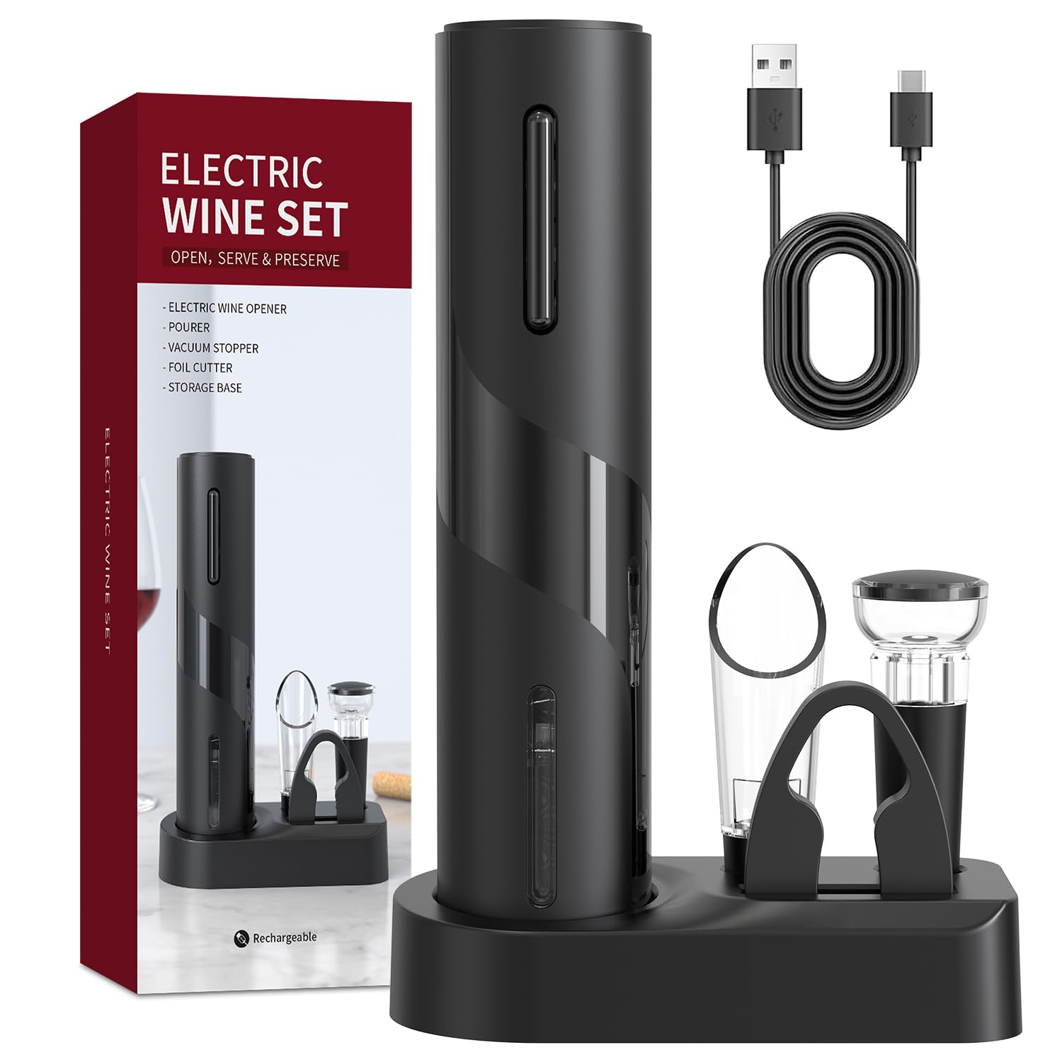 Abrebotellas de vino eléctrico recargable, juego de abridor de vino automático 5 en 1, abridor de vino eléctrico con cortador de lámina, vertido de vino, tapón de vino y base de almacenamiento